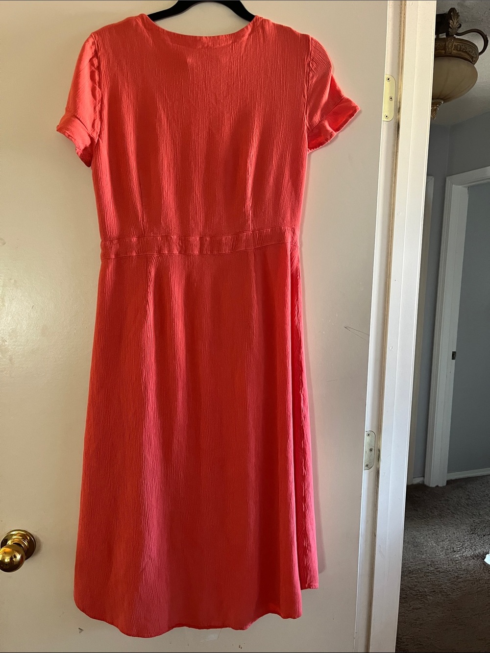LOFT Coral-Orange Button-Front Midi Dress with Waist Tie - Picture 6 of 6